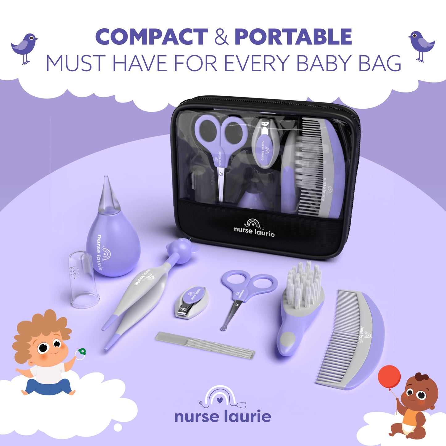Deluxe 9-in-1 Baby Grooming Kit by Nurse Laurie – All-Inclusive, Hospital-Grade, Travel-Ready - Lavender Purple