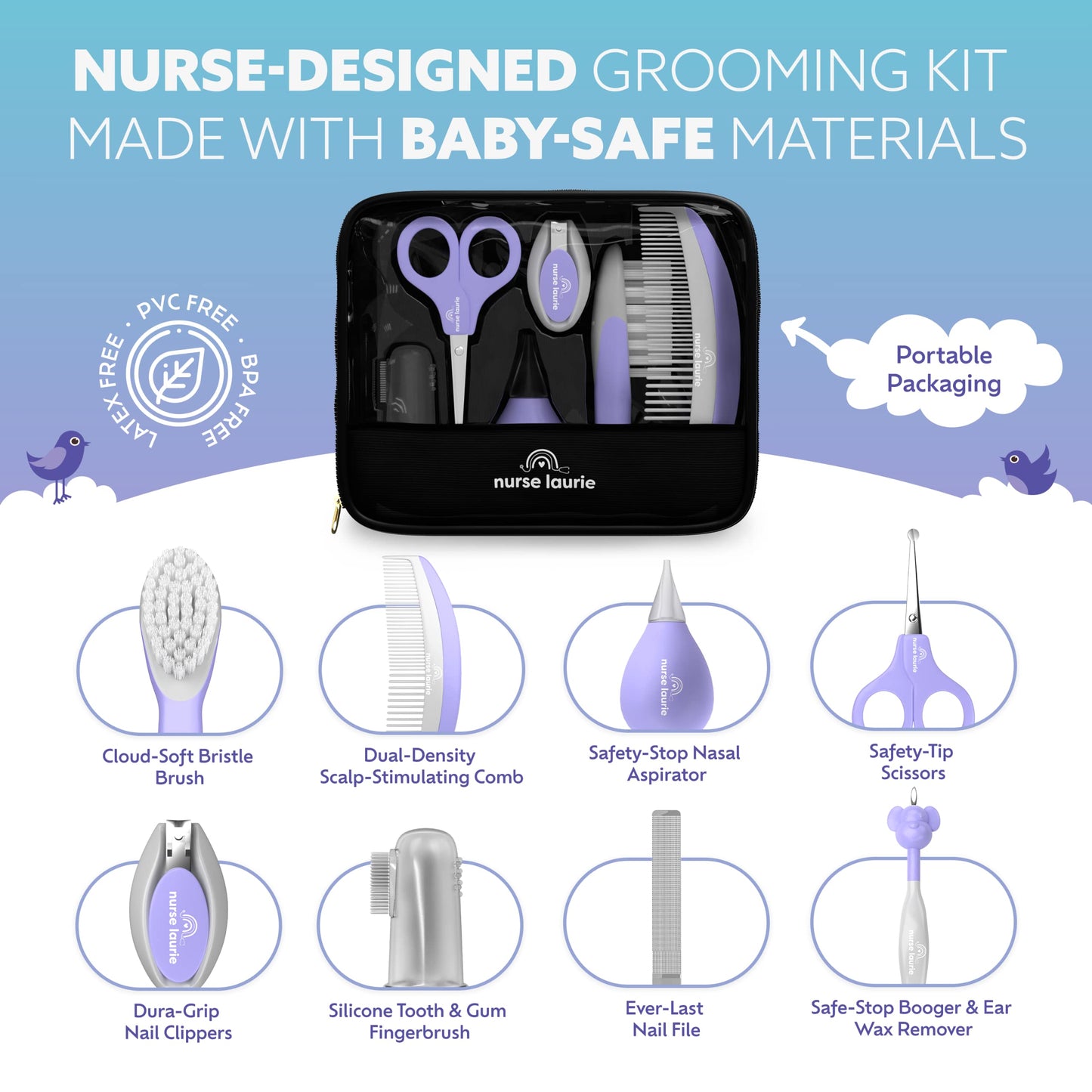Deluxe 9-in-1 Baby Grooming Kit by Nurse Laurie – All-Inclusive, Hospital-Grade, Travel-Ready - Lavender Purple